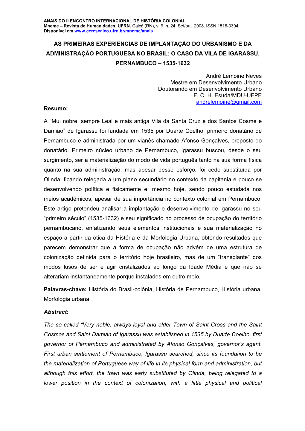 O Caso Da Vila De Igarassu, Pernambuco – 1535-1632