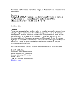 Klijn, EH (2008), Governance and Governance Networks in Europe