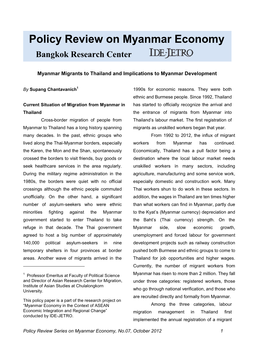 Policy Review on Myanmar Economy Bangkok Research Center
