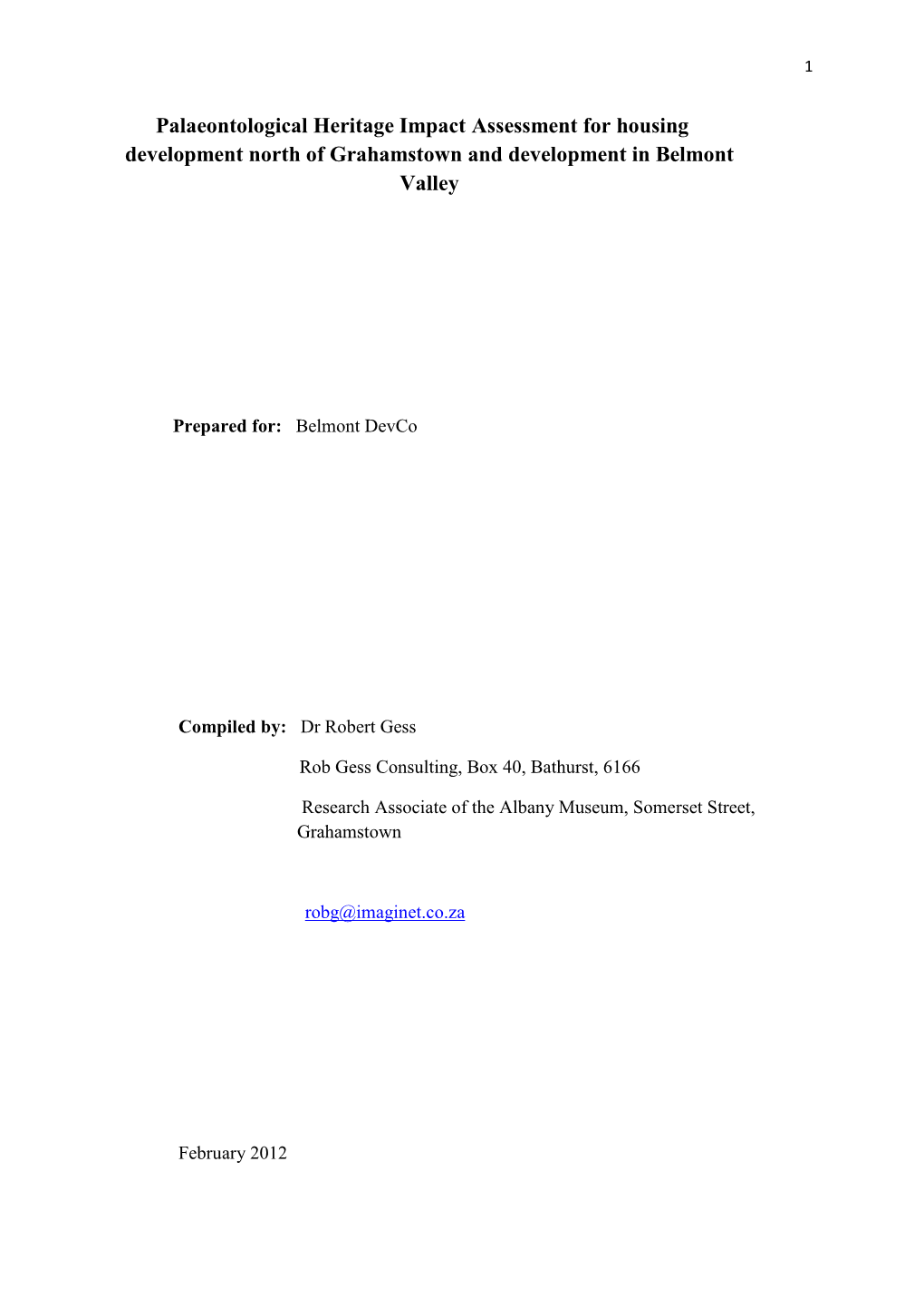 Palaeontological Heritage Impact Assessment for Housing Development North of Grahamstown and Development in Belmont Valley