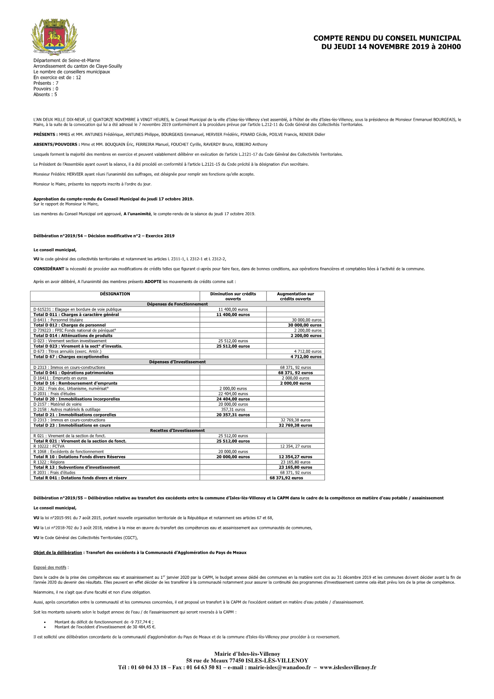 Compte Rendu Du Conseil Municipal Du Jeudi 14 Novembre 2019 À 20H00