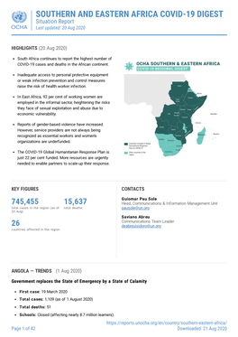 SOUTHERN and EASTERN AFRICA COVID-19 DIGEST Situation Report Last Updated: 20 Aug 2020