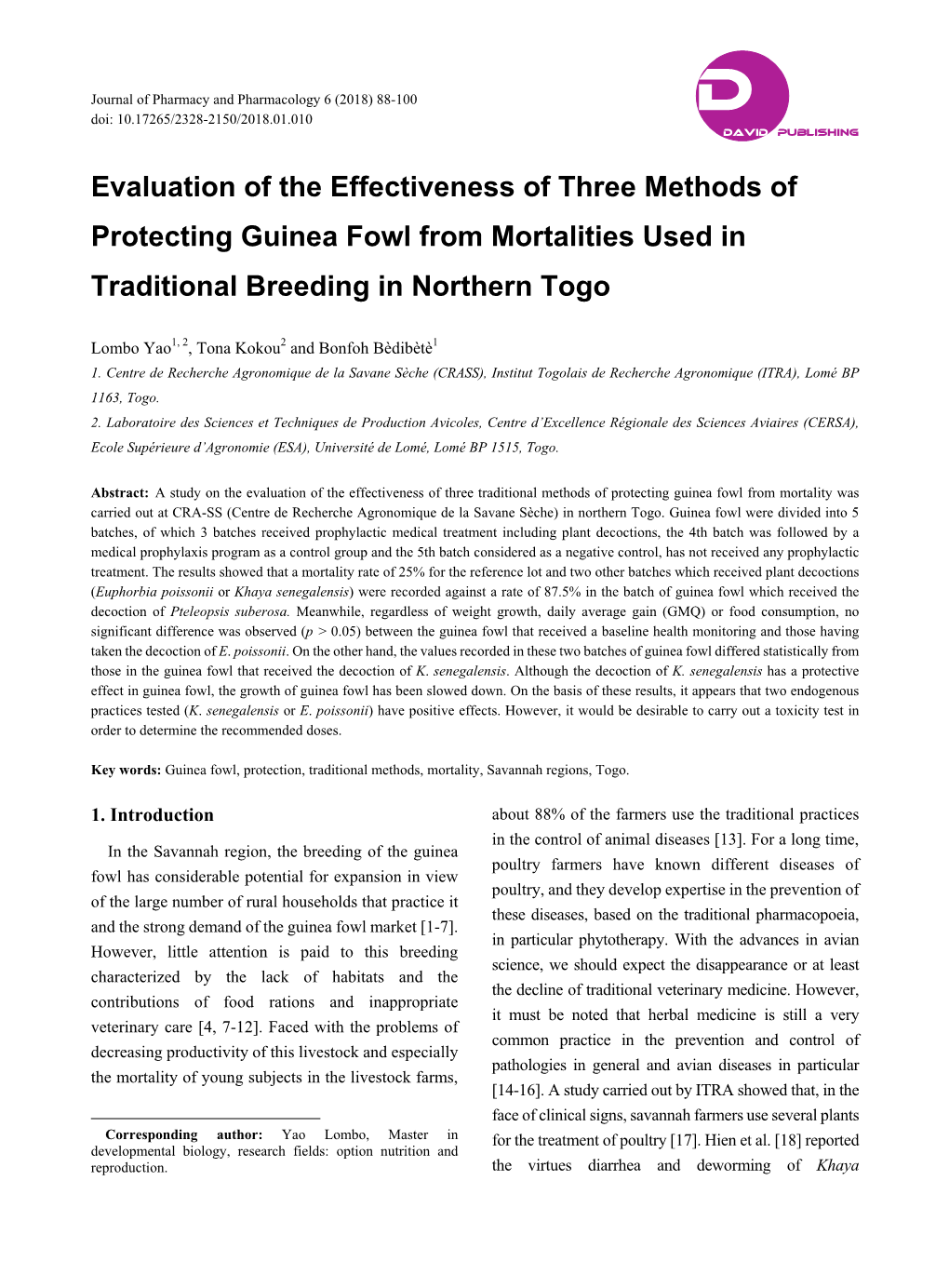 Evaluation of the Effectiveness of Three Methods of Protecting Guinea Fowl from Mortalities Used in Traditional Breeding in Northern Togo