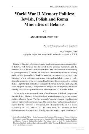 World War II Memory Politics: Jewish, Polish and Roma Minorities of Belarus