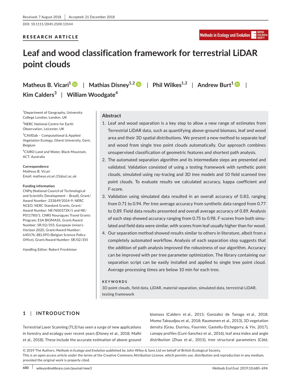 Leaf and Wood Classification Framework for Terrestrial Lidar Point Clouds