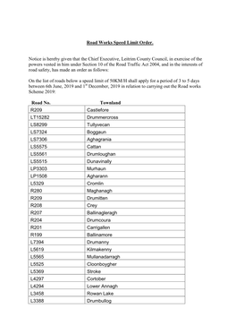 Road Works Speed Limit Order. Notice Is Hereby Given That The