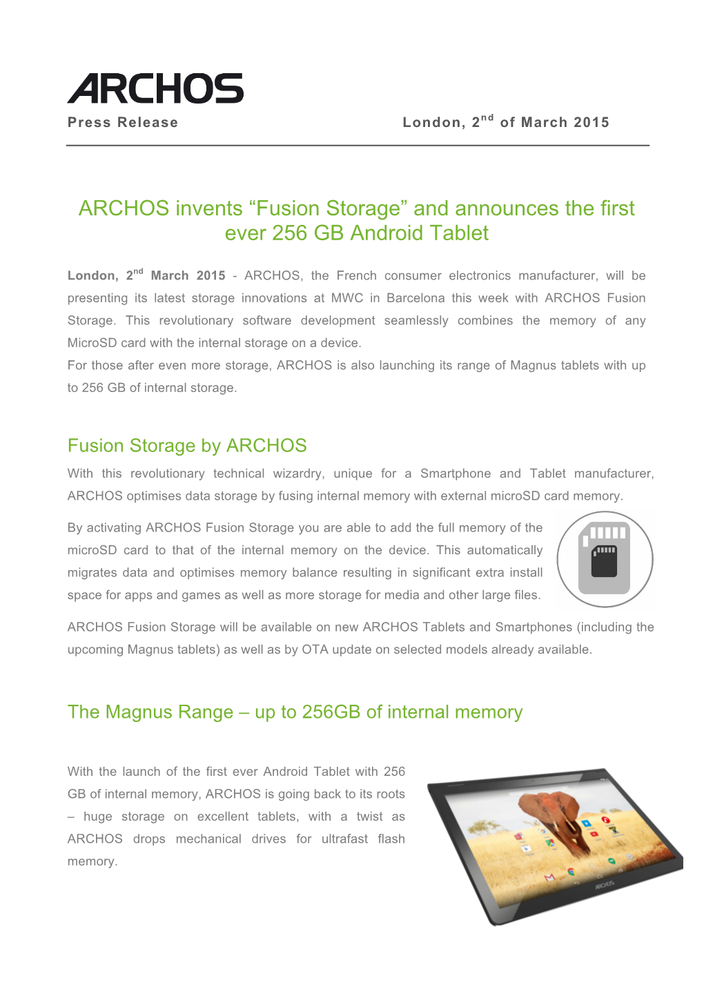 ARCHOS Invents “Fusion Storage” and Announces the First Ever 256 GB Android Tablet