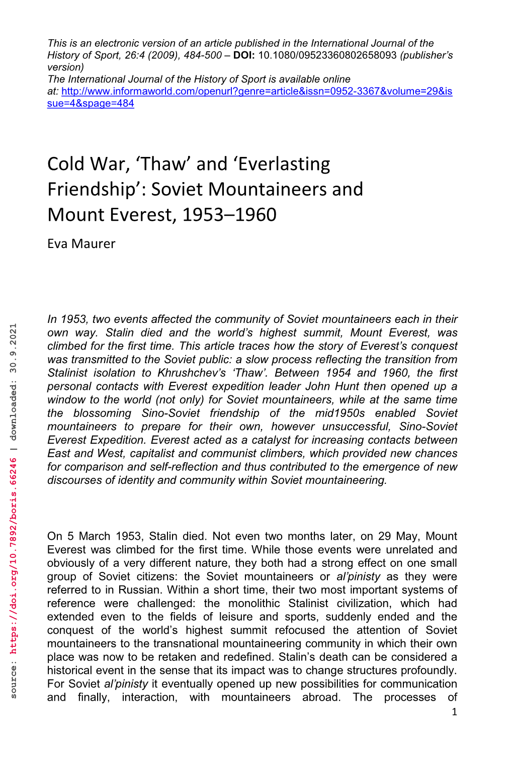 Soviet Mountaineers and Mount Everest, 1953–1960