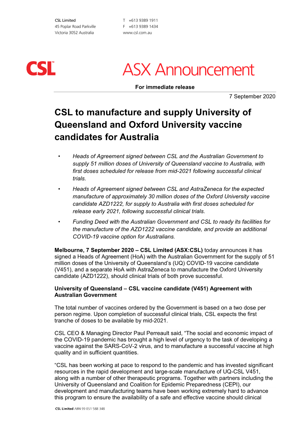 CSL to Manufacture and Supply University of Queensland and Oxford University Vaccine Candidates for Australia