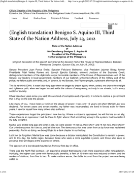 (\(English Translation\) Benigno S. Aquino III, Third State of the Nation
