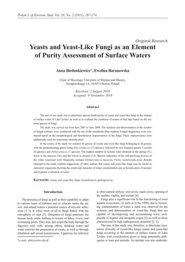 Yeasts and Yeast-Like Fungi As an Element of Purity Assessment of Surface Waters