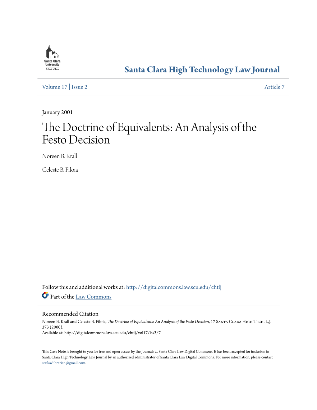 The Doctrine of Equivalents: an Analysis of the Festo Decision, 17 Santa Clara High Tech