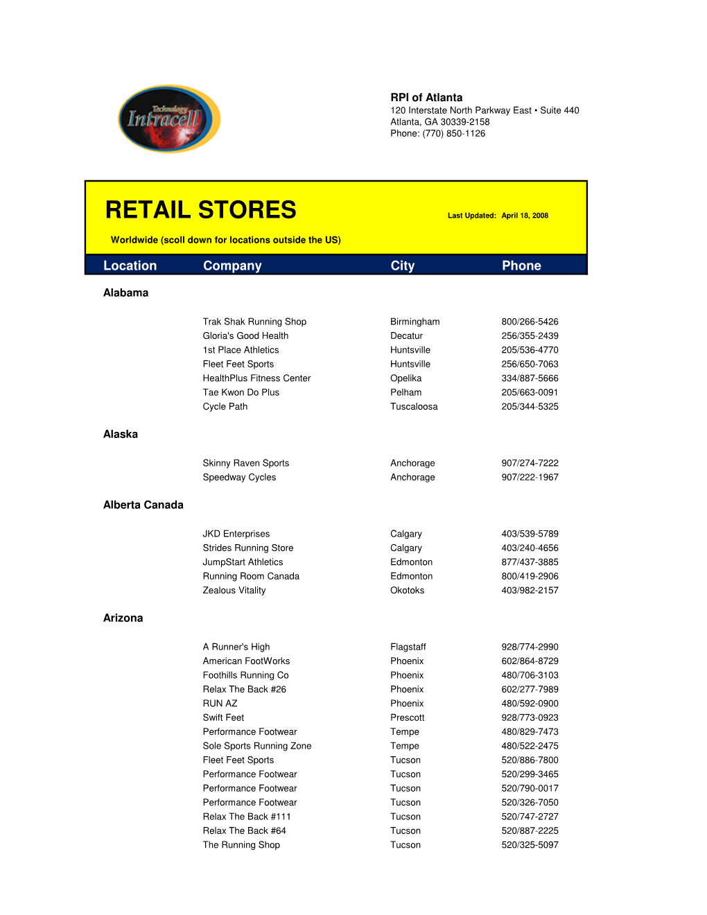 RETAIL STORES Last Updated: April 18, 2008