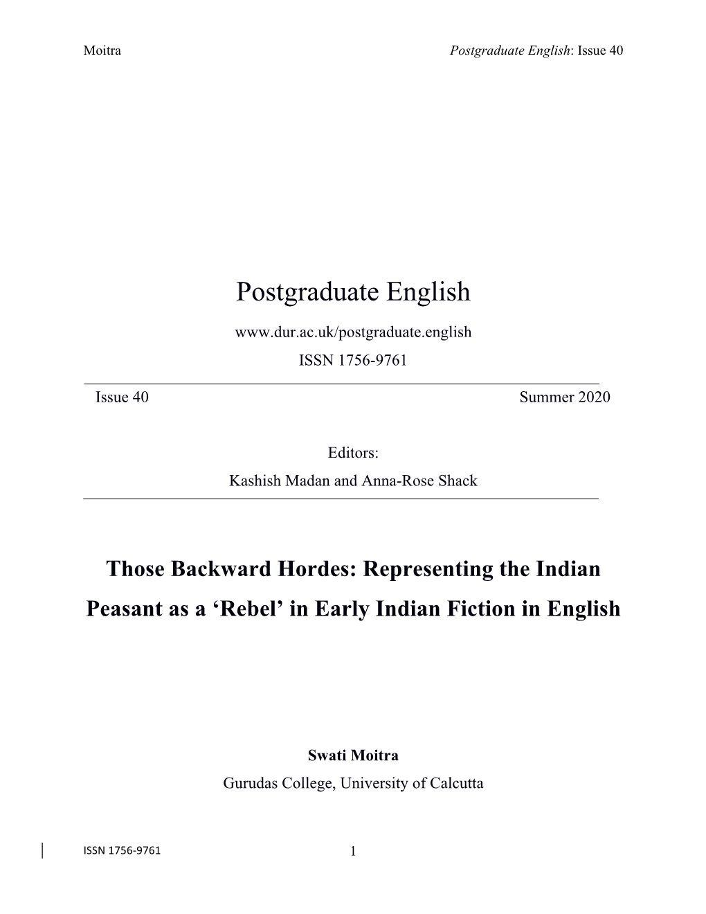 Representing the Indian Peasant As a ‘Rebel’ in Early Indian Fiction in English