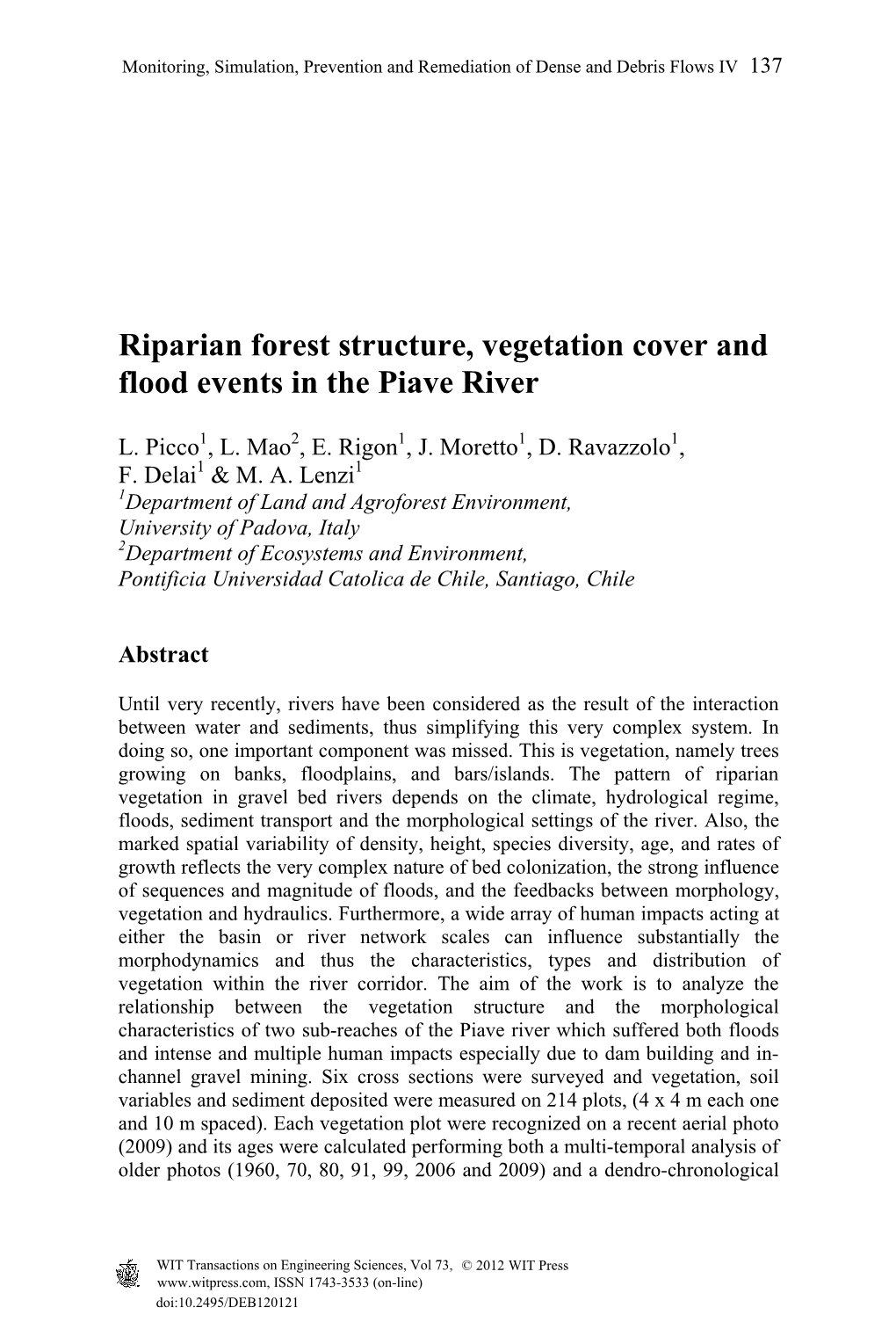 Riparian Forest Structure, Vegetation Cover and Flood Events in the Piave River