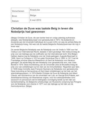 Christian De Duve Was Laatste Belg in Leven Die Nobelprijs Had Gewonnen