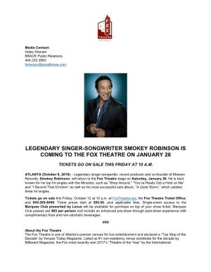 Legendary Singer-Songwriter Smokey Robinson Is Coming to the Fox Theatre on January 26