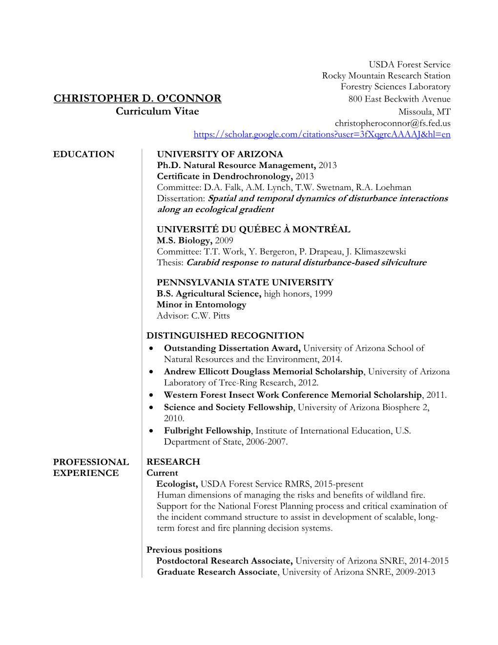 CHRISTOPHER D. O'connor Curriculum Vitae