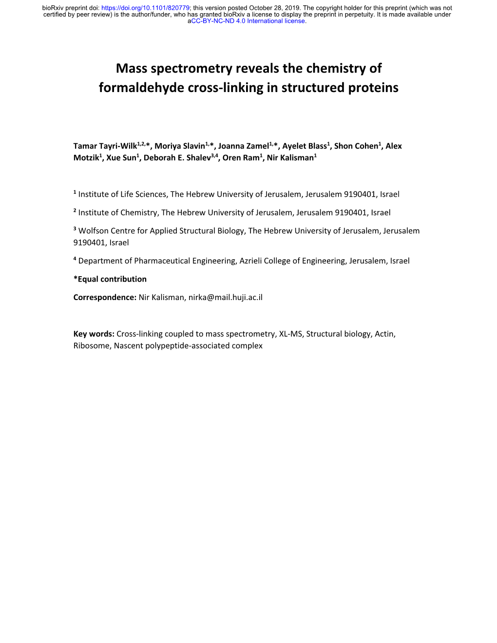 Mass Spectrometry Reveals the Chemistry of Formaldehyde Cross-Linking in Structured Proteins