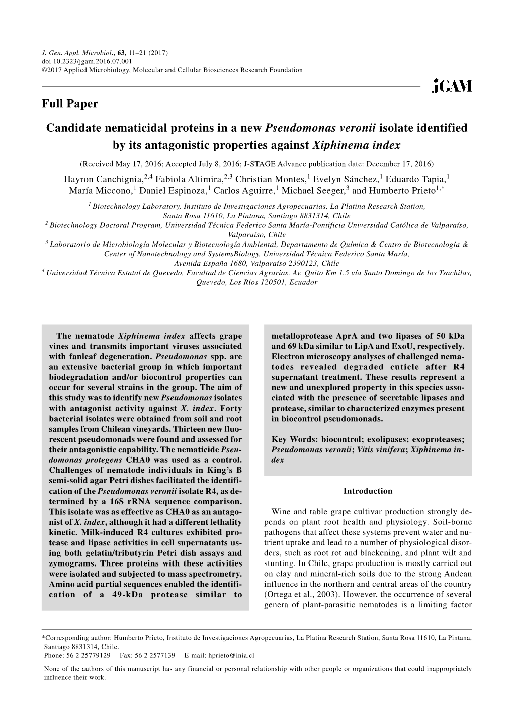 Candidate Nematicidal Proteins in a New Pseudomonas Veronii Isolate Identified by Its Antagonistic Properties Against Xiphinema Index