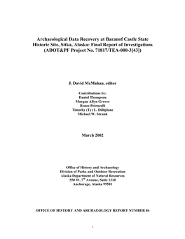 Archaeological Data Recovery at Baranof Castle State Historic Site, Sitka, Alaska: Final Report of Investigations (ADOT&PF Project No