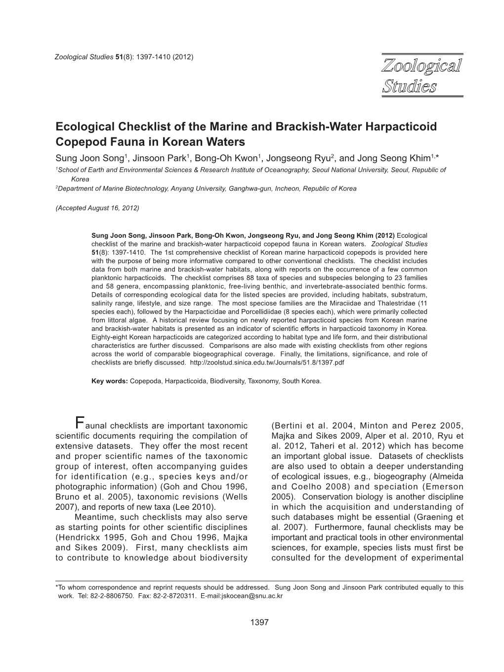 Ecological Checklist of the Marine and Brackish-Water Harpacticoid