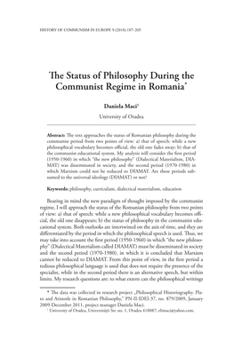 The Status of Philosophy During the Communist Regime in Romania*