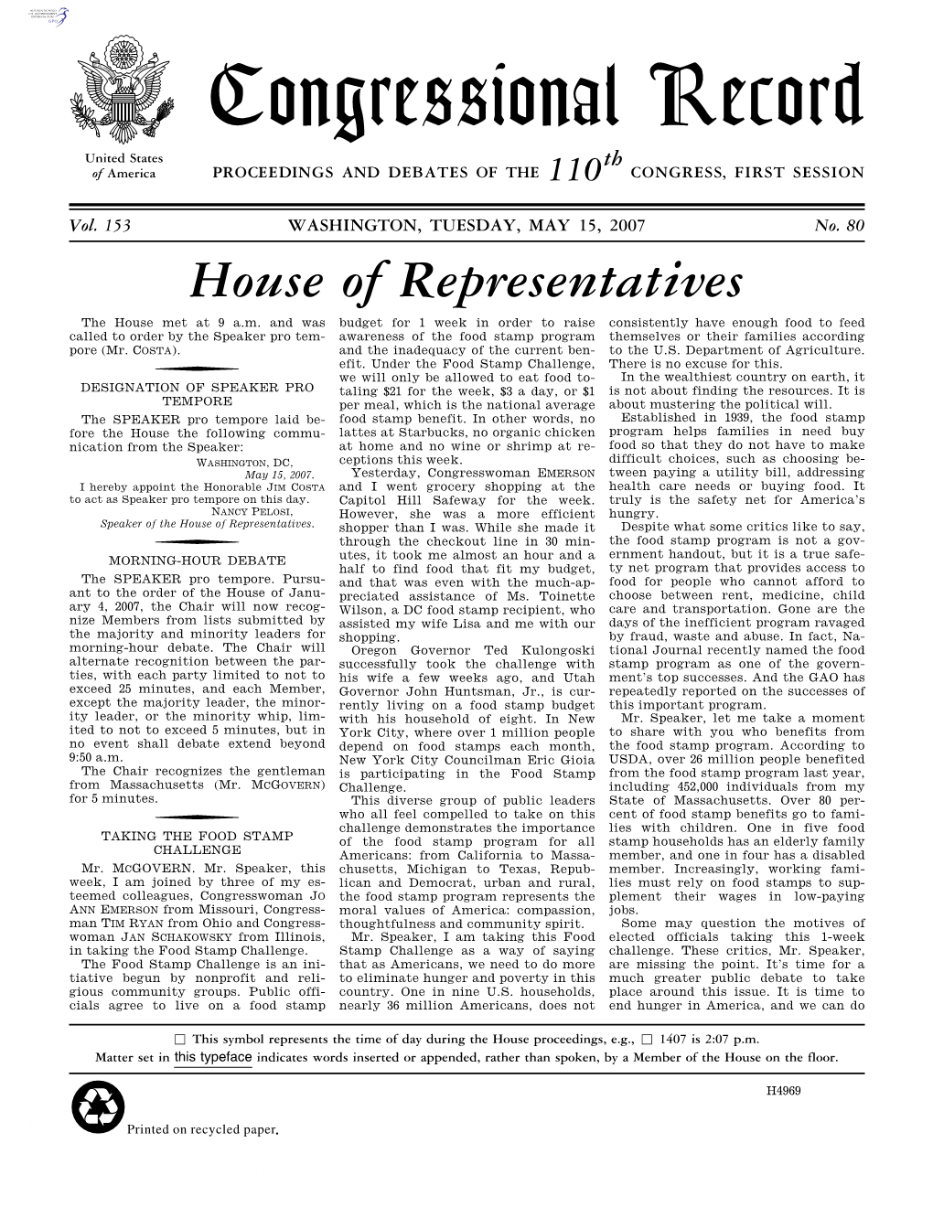 Congressional Record United States Th of America PROCEEDINGS and DEBATES of the 110 CONGRESS, FIRST SESSION