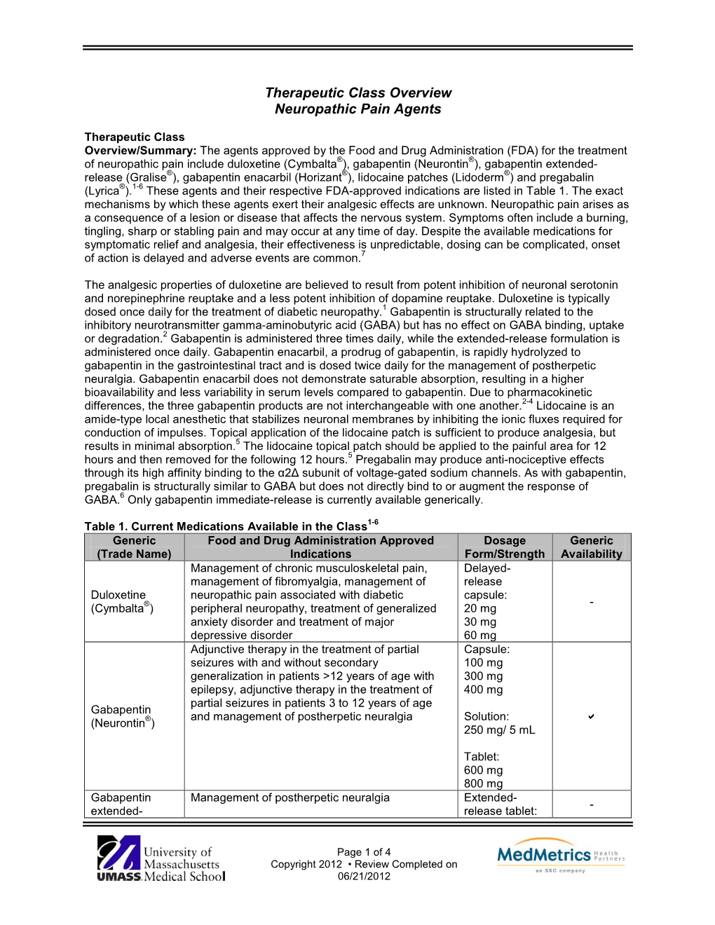 Therapeutic Class Overview Neuropathic Pain Agents