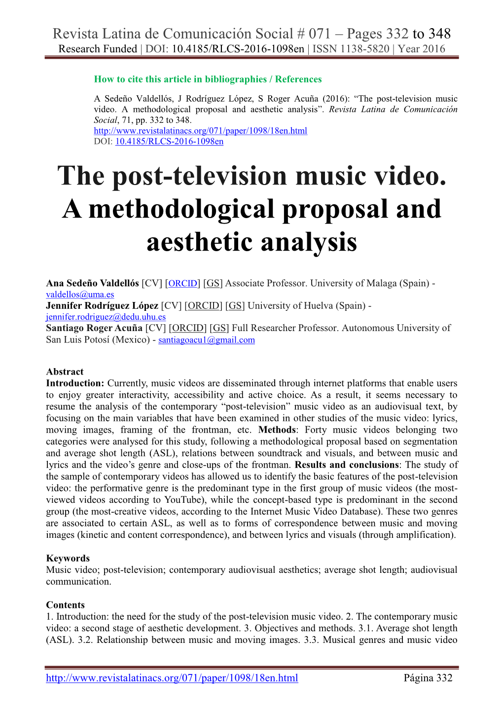 The Post-Television Music Video. a Methodological Proposal and Aesthetic Analysis”