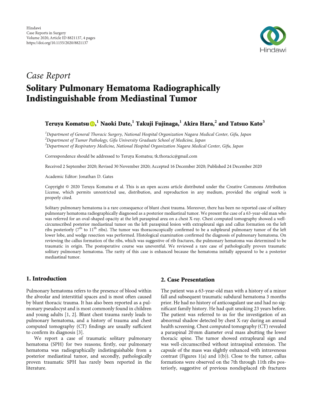 Case Report Solitary Pulmonary Hematoma Radiographically Indistinguishable from Mediastinal Tumor