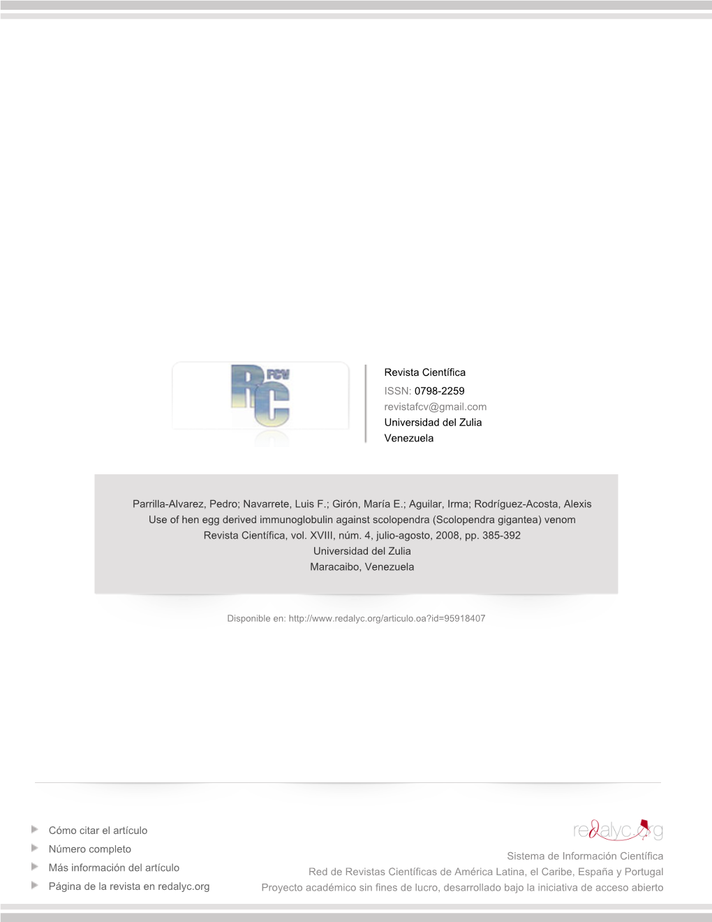 Redalyc.Use of Hen Egg Derived Immunoglobulin Against Scolopendra