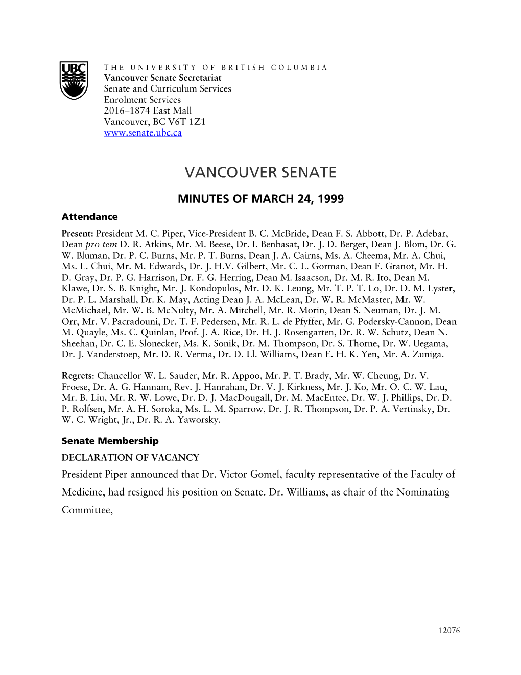 24 March 1999 Vancouver Senate Minutes