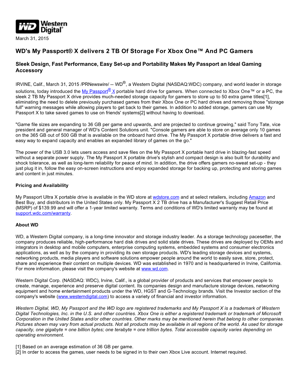 WD's My Passport® X Delivers 2 TB of Storage for Xbox One™ and PC Gamers
