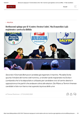 Berlusconi Spinge Per Il 'Centro-Destra Unito'. Ma Il Marchio È Già Registrato E Arriva La Diffida - Il Fatto Quotidiano