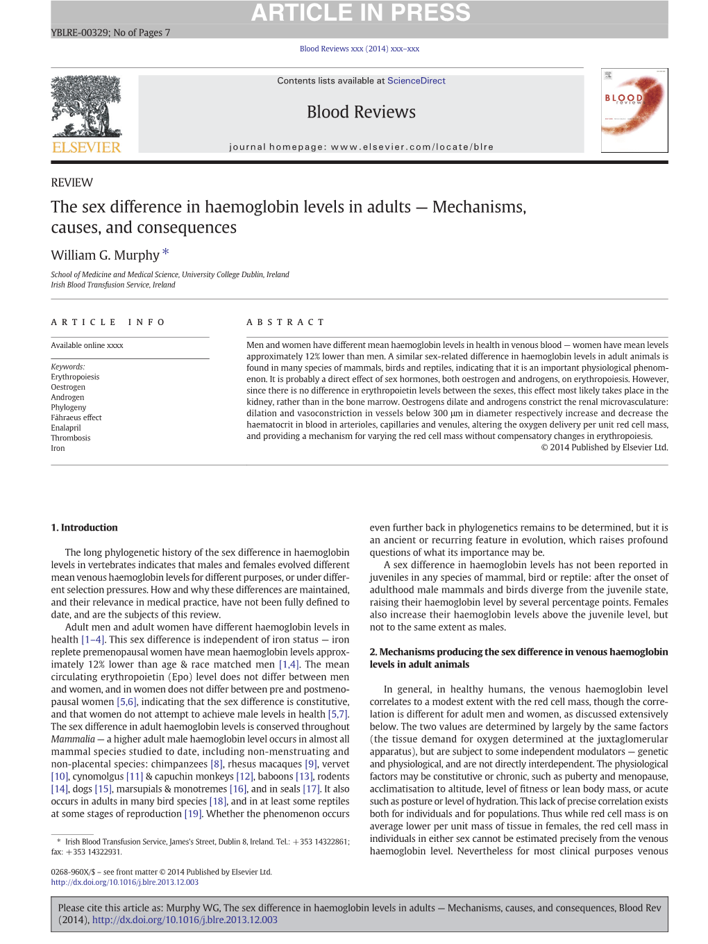 The Sex Difference in Haemoglobin Levels in Adults — Mechanisms, Causes, and Consequences