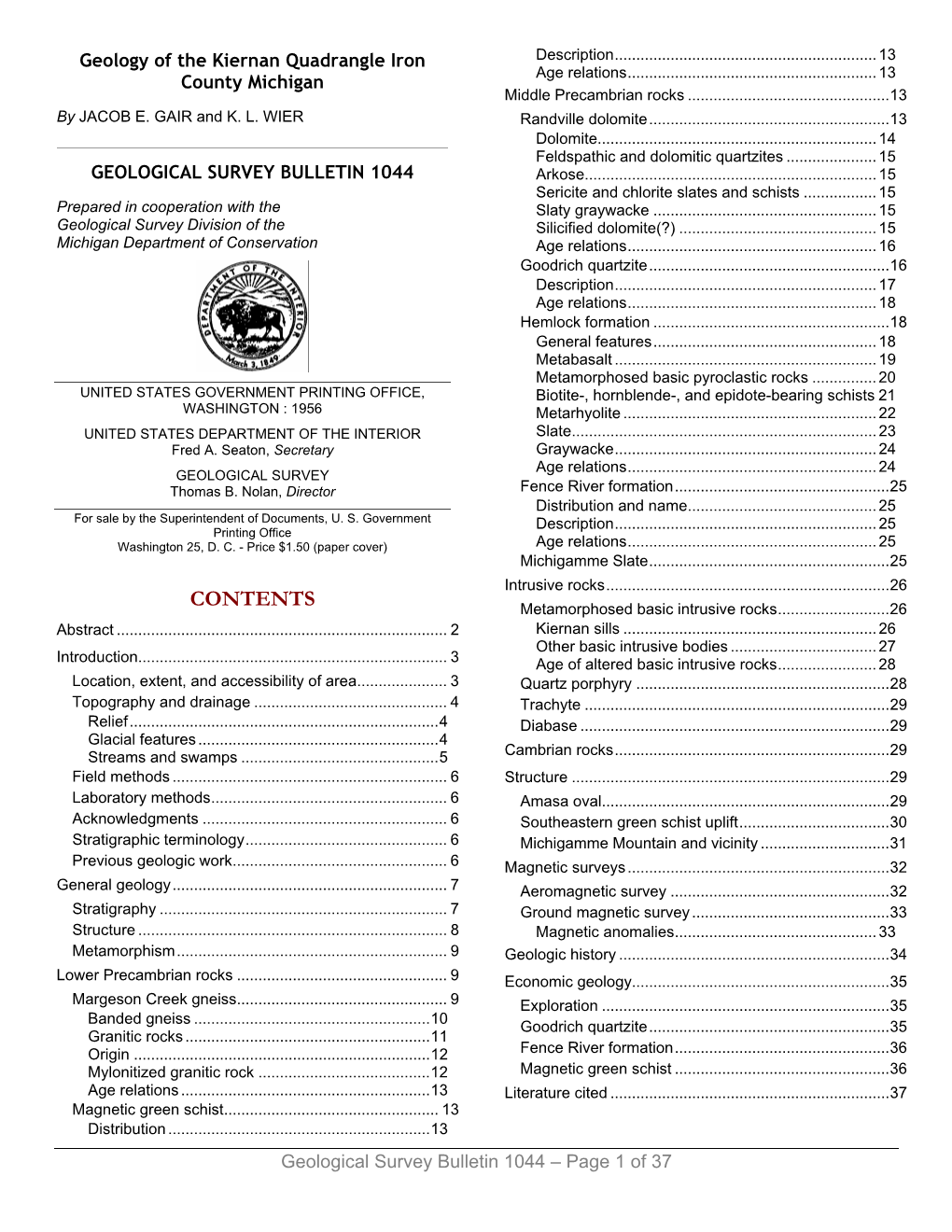 Geology of the Kiernan Quadrangle Iron County Michigan