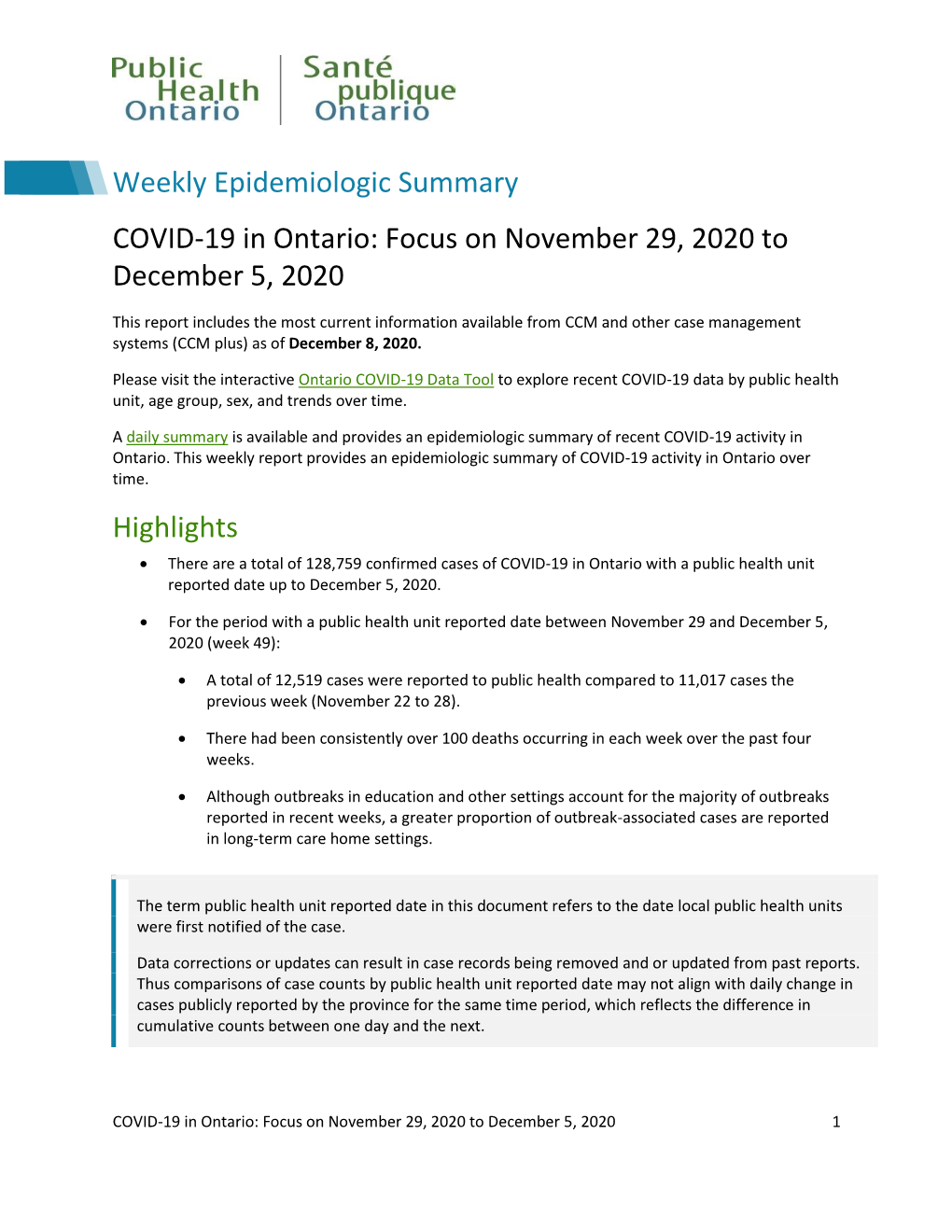 COVID-19 in Ontario: Focus on November 29, 2020 to December 5, 2020