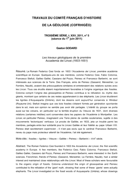 Les Travaux Géologiques De La Première Accademia Dei Lincei (1603-1651)