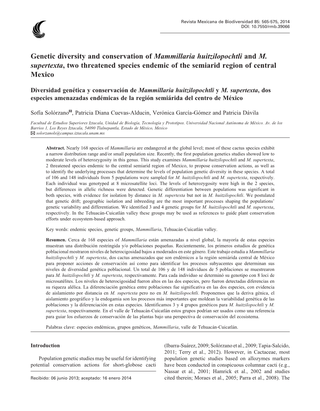 Genetic Diversity and Conservation of Mammillaria Huitzilopochtli and M