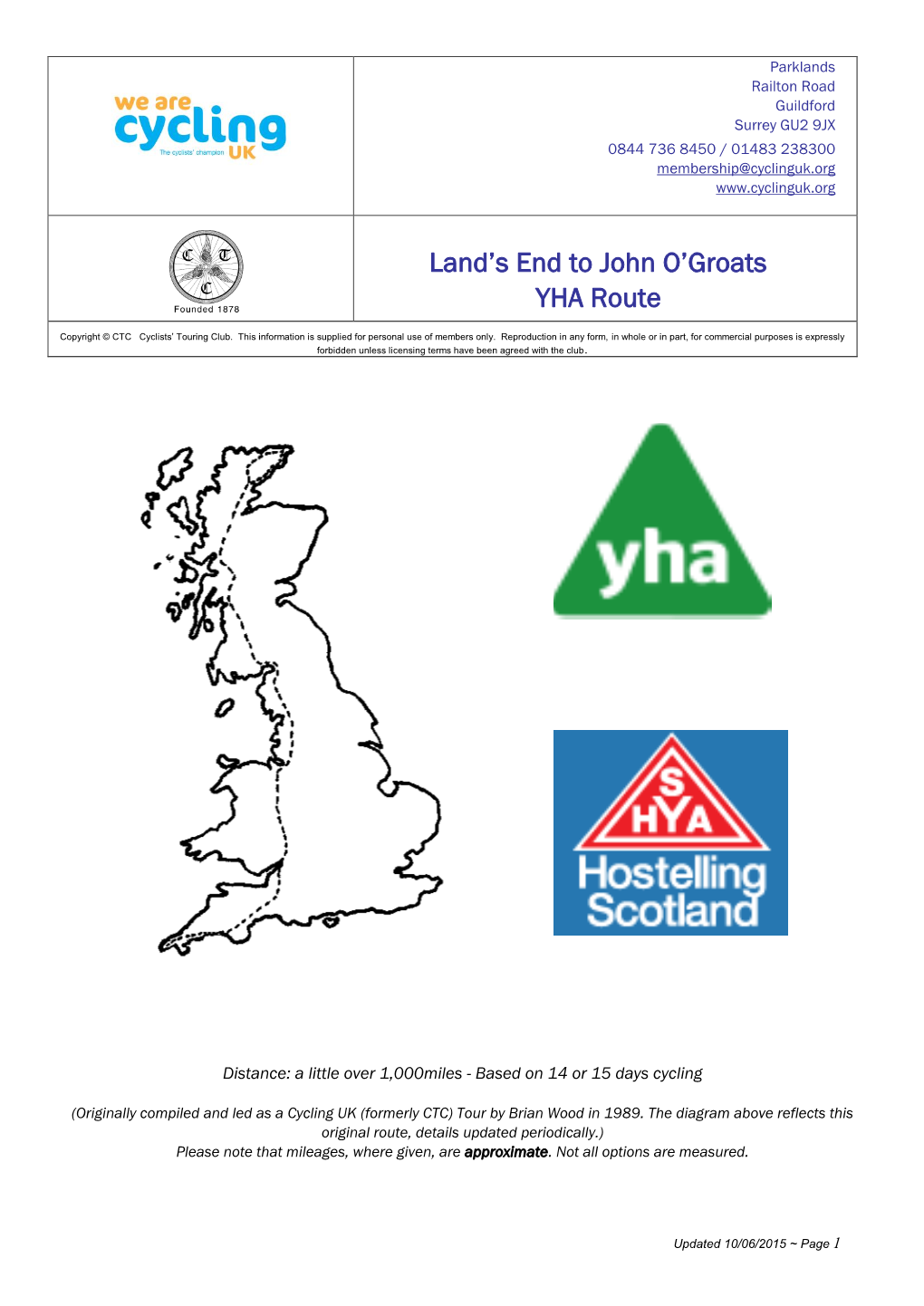 Land's End to John O'groats YHA Route