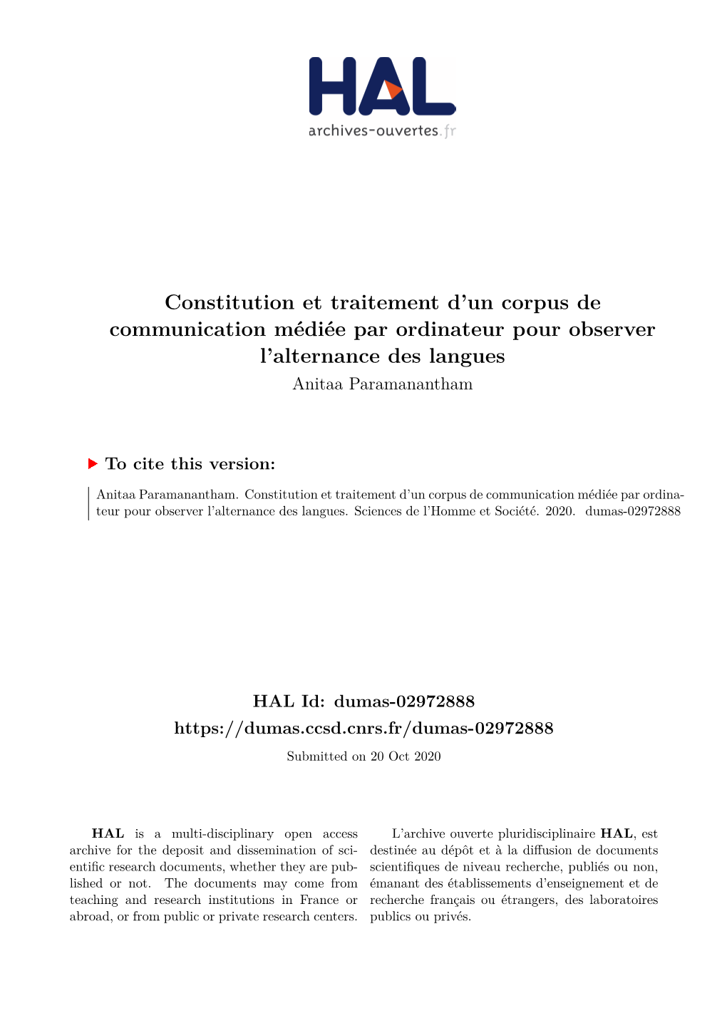 Constitution Et Traitement D'un Corpus De Communication Médiée Par