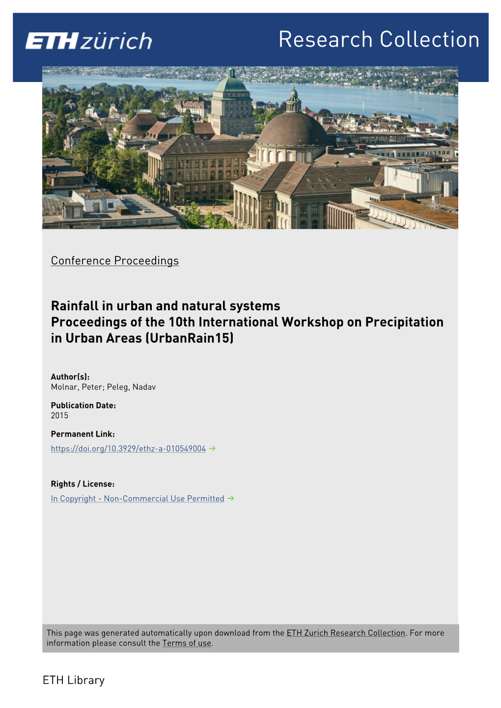 Rainfall in Urban and Natural Systems Proceedings of the 10Th International Workshop on Precipitation in Urban Areas (Urbanrain15)