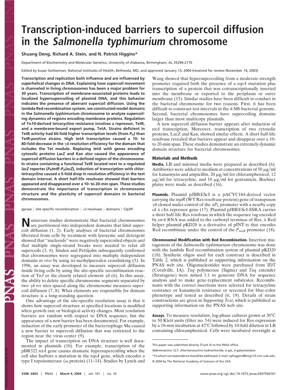 Transcription-Induced Barriers to Supercoil Diffusion in the Salmonella Typhimurium Chromosome