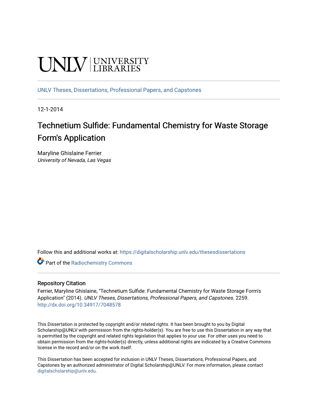 Technetium Sulfide: Fundamental Chemistry for Waste Storage Form's