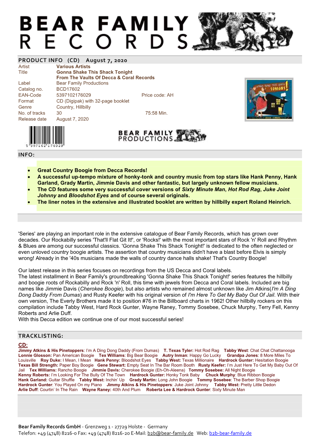 Bear Family Records Sales Sheet