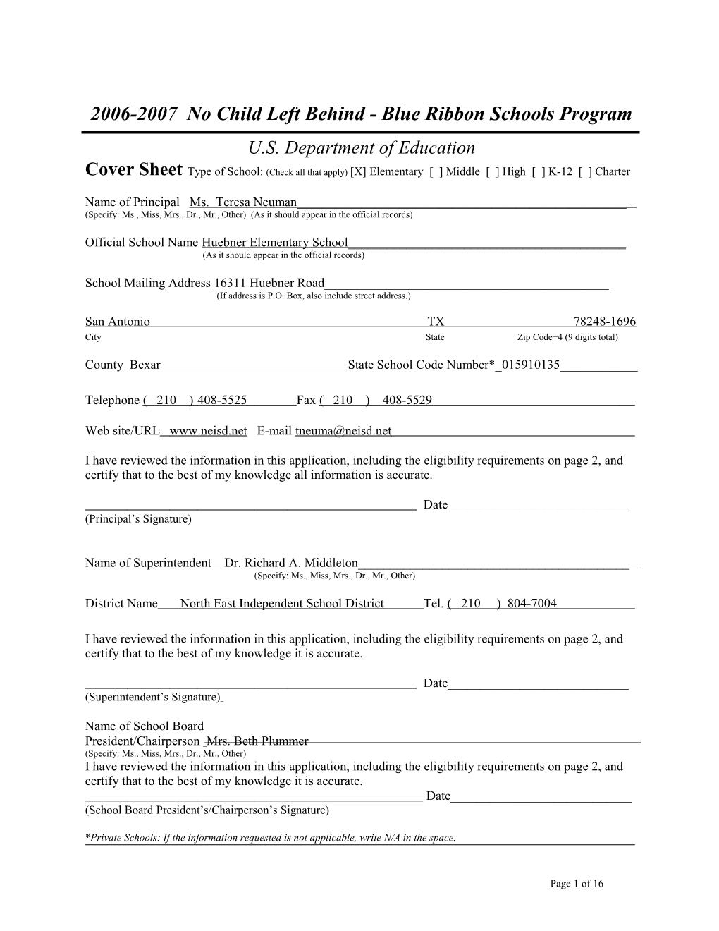 Application: 2006-2007, No Child Left Behind - Blue Ribbon Schools Program (MS Word) s1