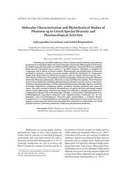 Molecular Characterization and Phytochemical Studies of Pleurotus Sp to Unveil Species Diversity and Pharmacological Activities