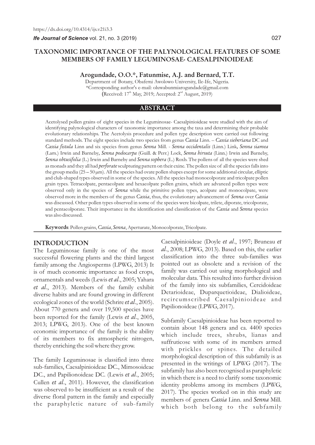 Arogundade Et Al.: Taxonomic Importance of the Palynological Caesalpinioideae