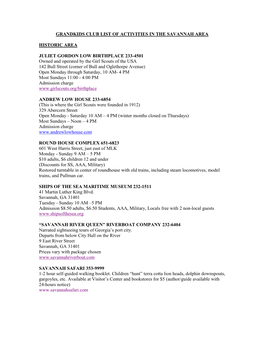 Grandkids Club List of Activities in the Savannah Area